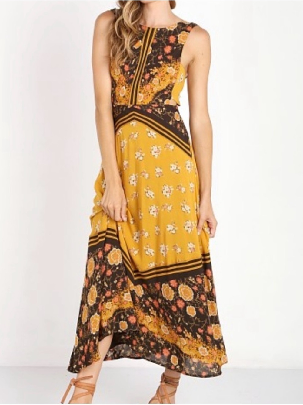 Free People Sunrise Oblivion Sleeveless Mustard Floral Maxi Dress - Casual Boho